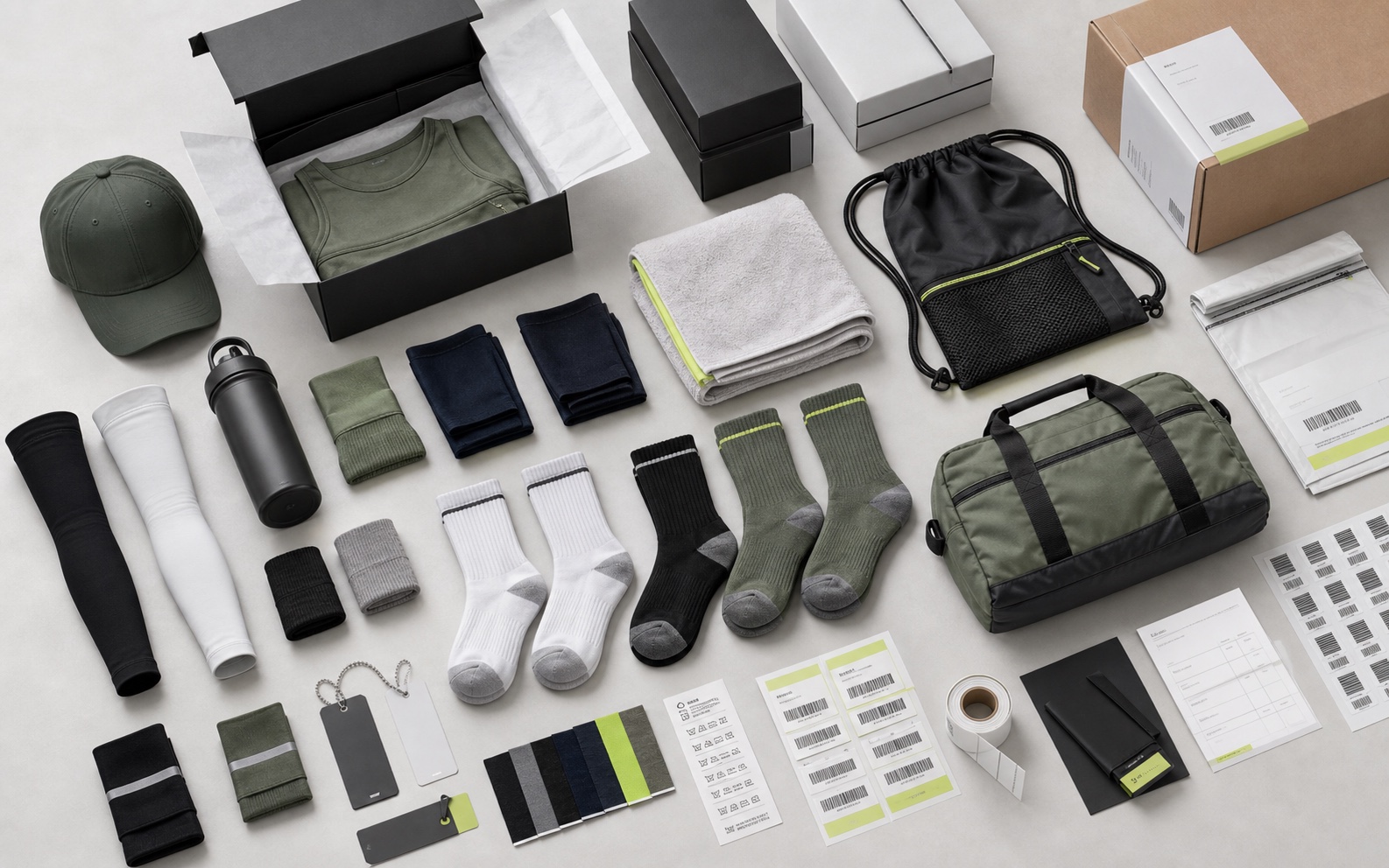 Custom sports accessories and packaging flatlay with socks caps bags towels labels hangtags barcode stickers boxes and mailer bags