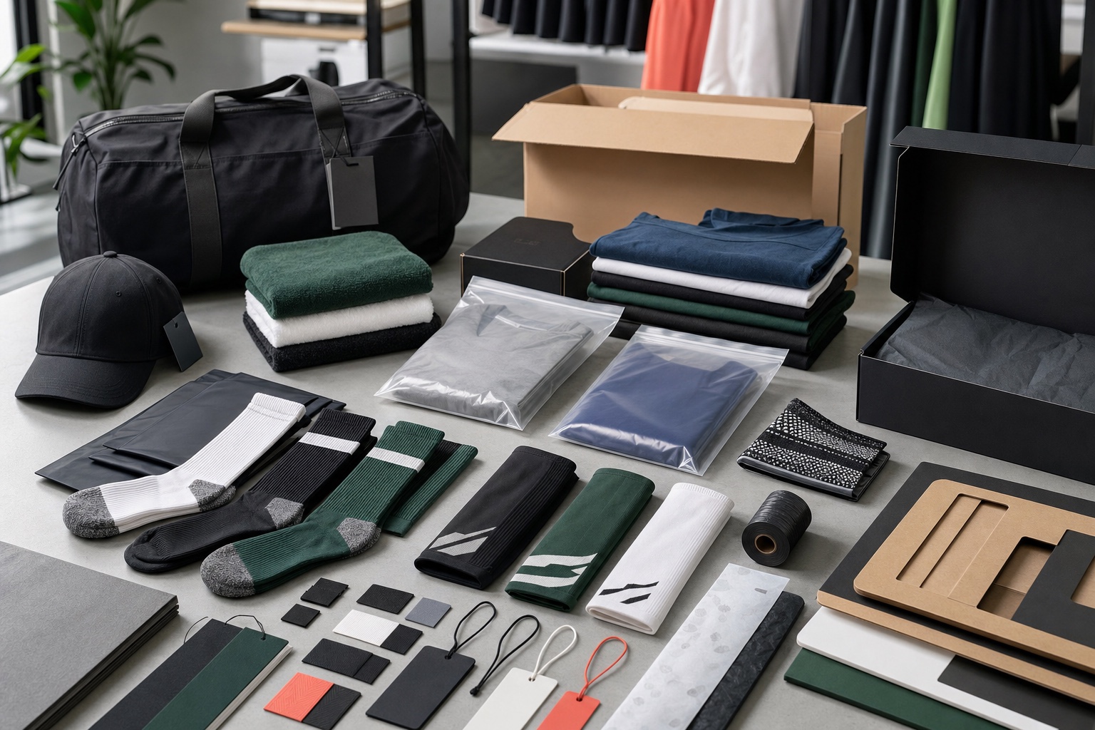 Sportswear accessories and packaging system with socks caps bags labels and boxes