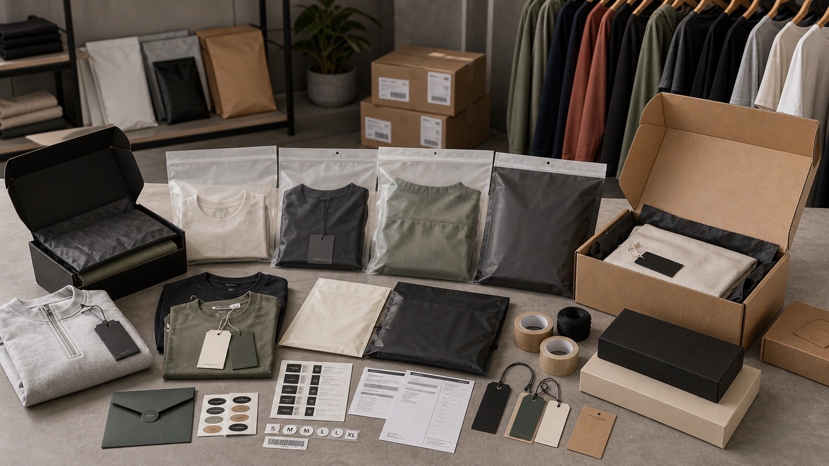 Private label sportswear packaging supplier catalog with polybags boxes hangtags woven labels barcode stickers and carton sorting