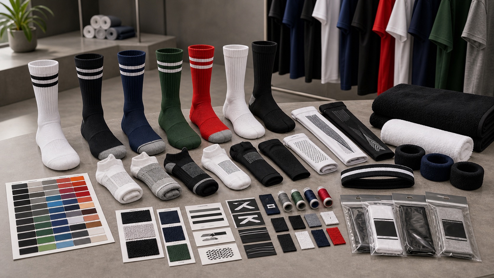 Custom sports socks football socks compression sleeves wristbands towels headbands jacquard logos and soft goods packaging