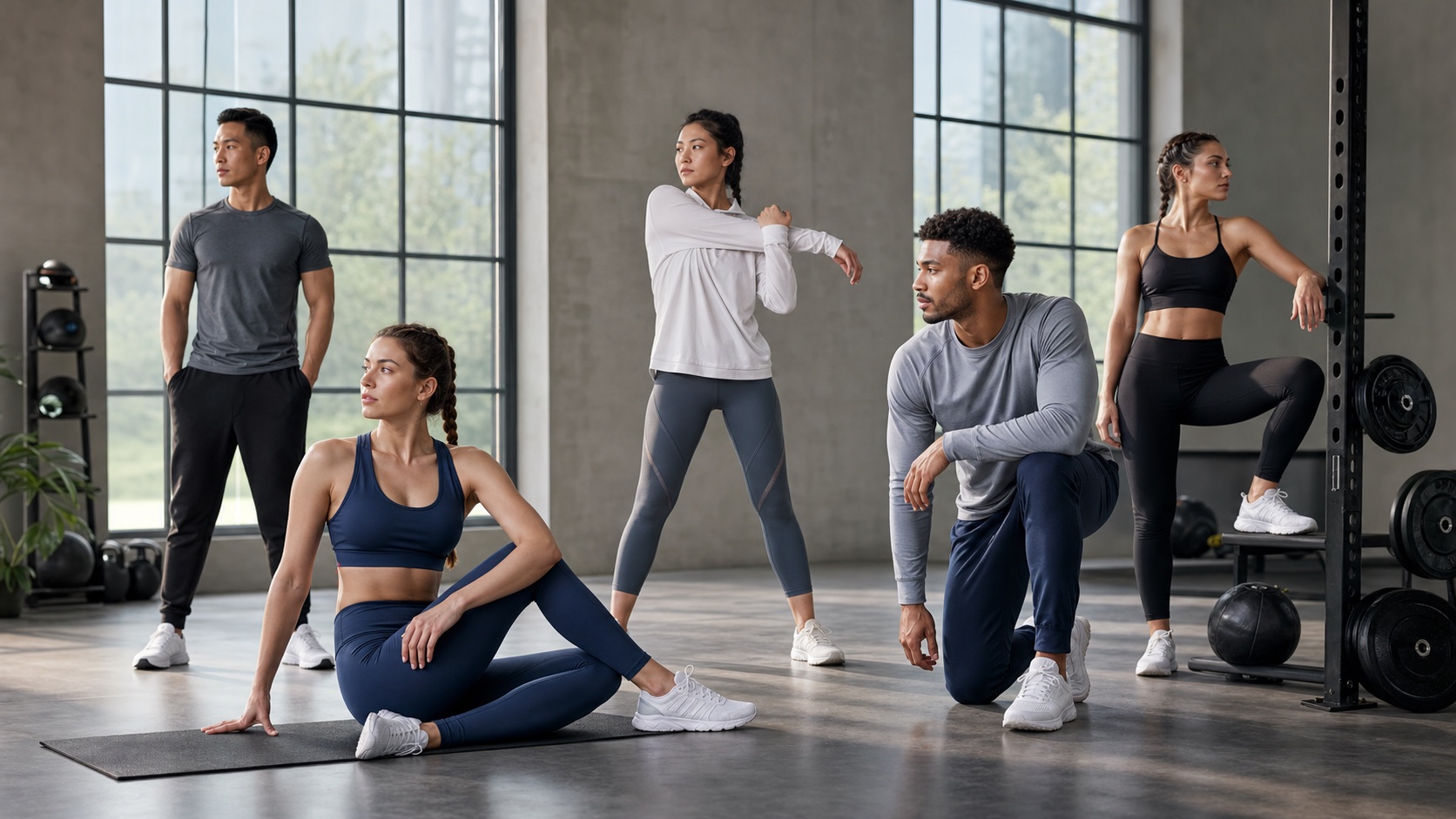 Men and women wearing custom training wear and yoga apparel