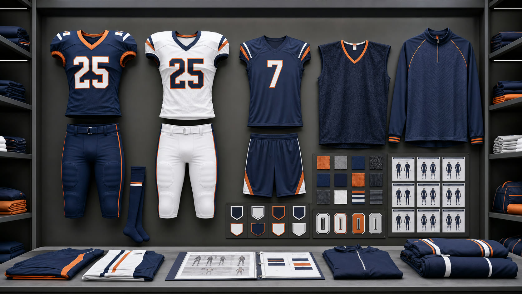 American football uniform board with game jerseys, football pants, 7-on-7 set, warm-up top, swatches, and roster cards