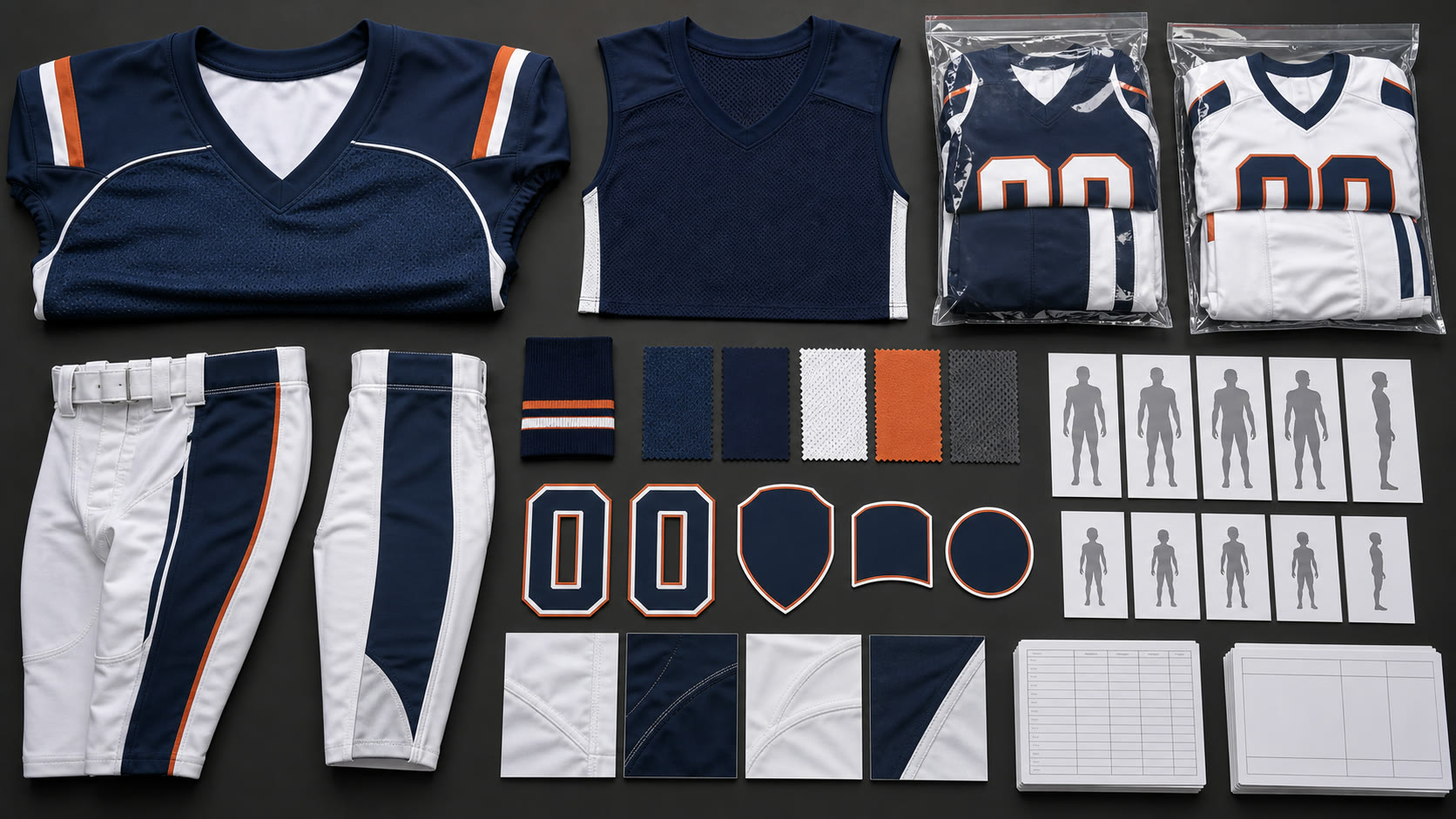 American football uniform specification board with jersey panels, football pants, number patches, fabrics, and player packs