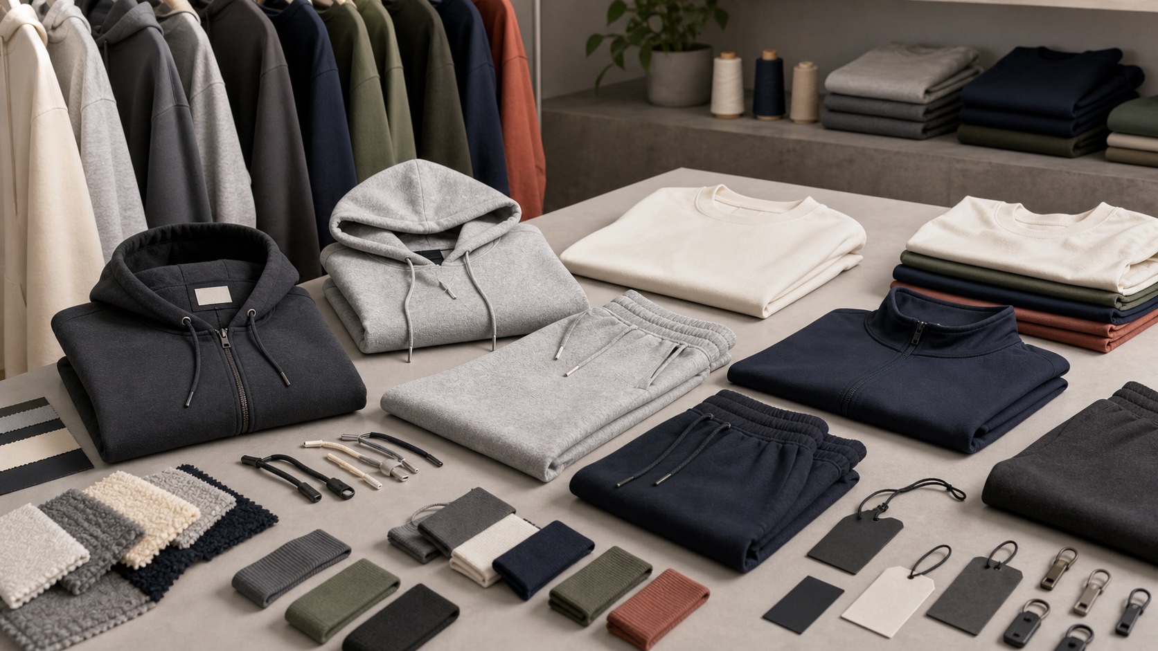 Private label athleisure hoodies joggers tracksuits fleece swatches and trims