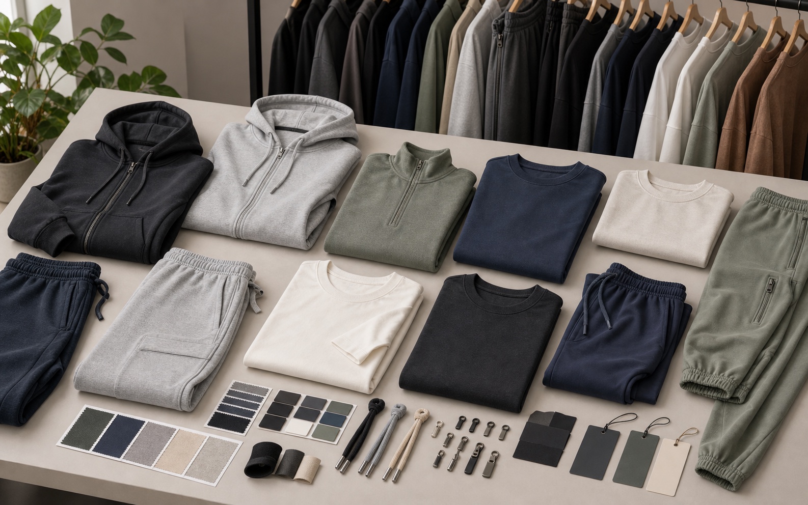 Private label athleisure retail drop with hoodies joggers oversized tees jackets drawcords labels and color swatches