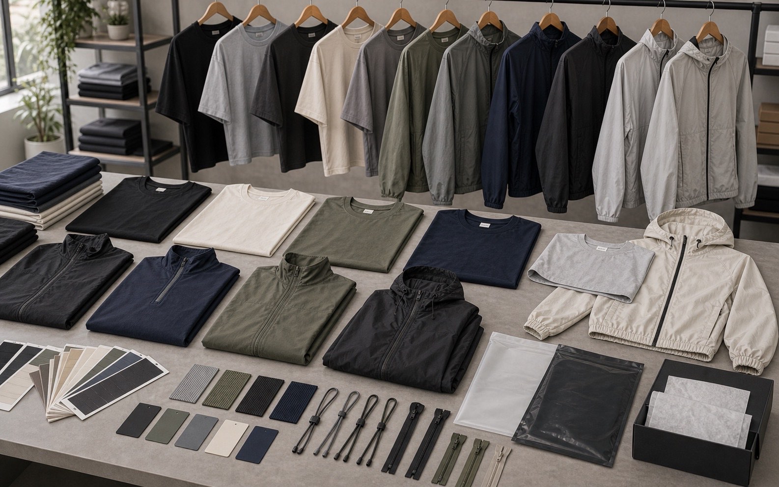 Private label athleisure oversized tees light jackets windbreakers trims labels and retail packaging