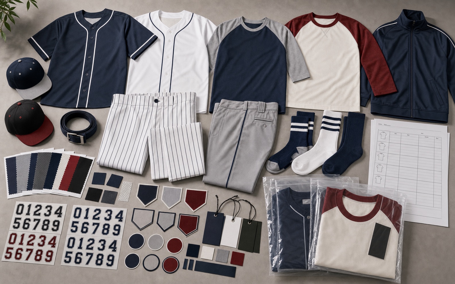 Baseball button jerseys raglan softball tops pinstripe pants caps belts socks patches number sets labels and roster packing