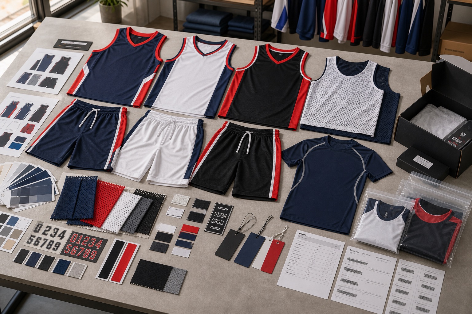 Custom basketball jersey manufacturer product board with jerseys shorts reversible vest mesh swatches number sheets labels and team packing