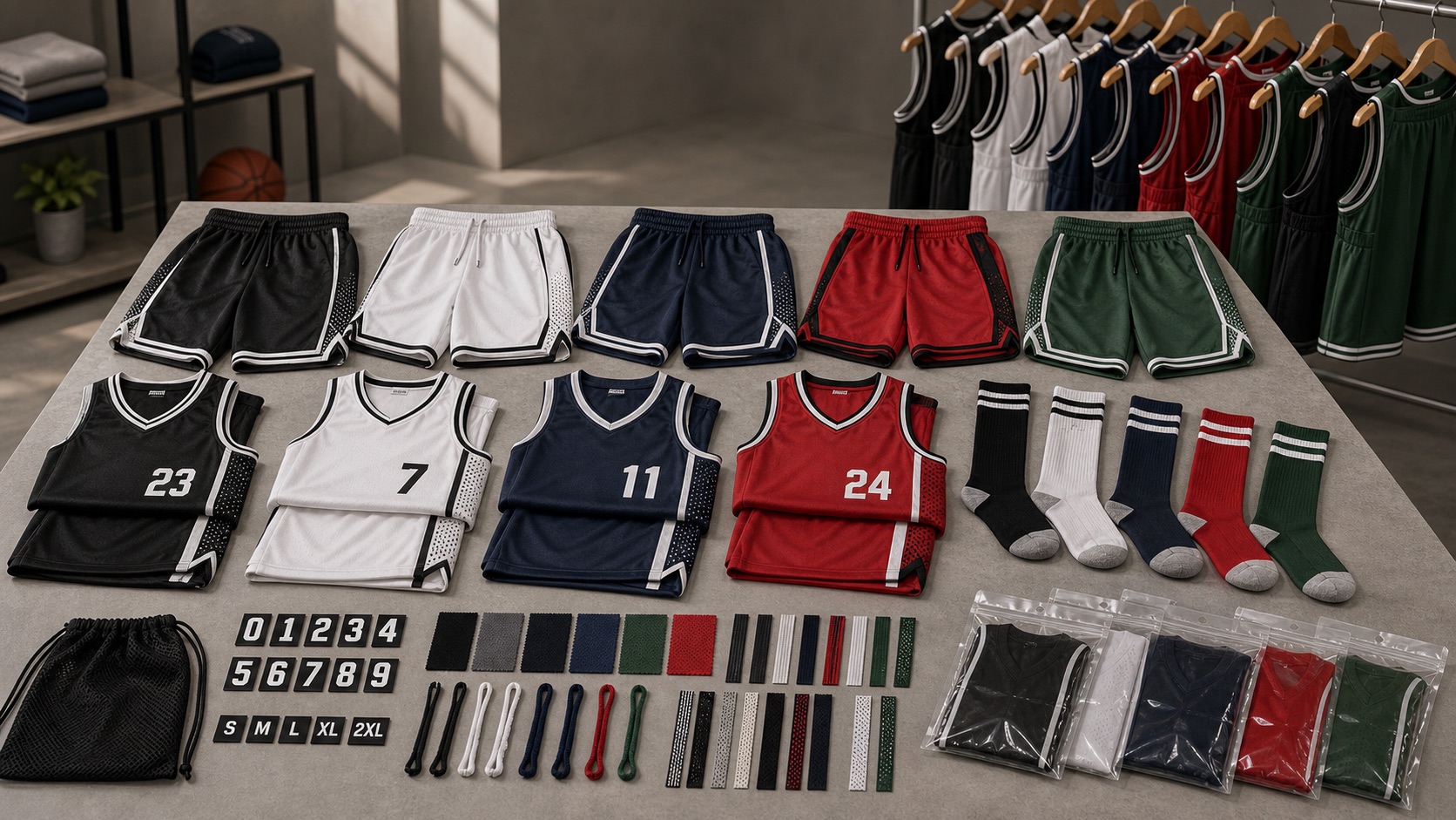 Custom basketball shorts matching jersey sets socks drawcord waistbands mesh side panels number patches and team packing