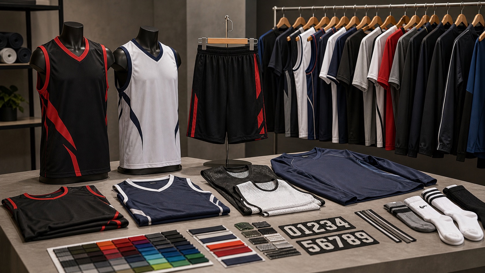 Custom basketball uniforms teamwear product range with jerseys shorts socks patches and color swatches