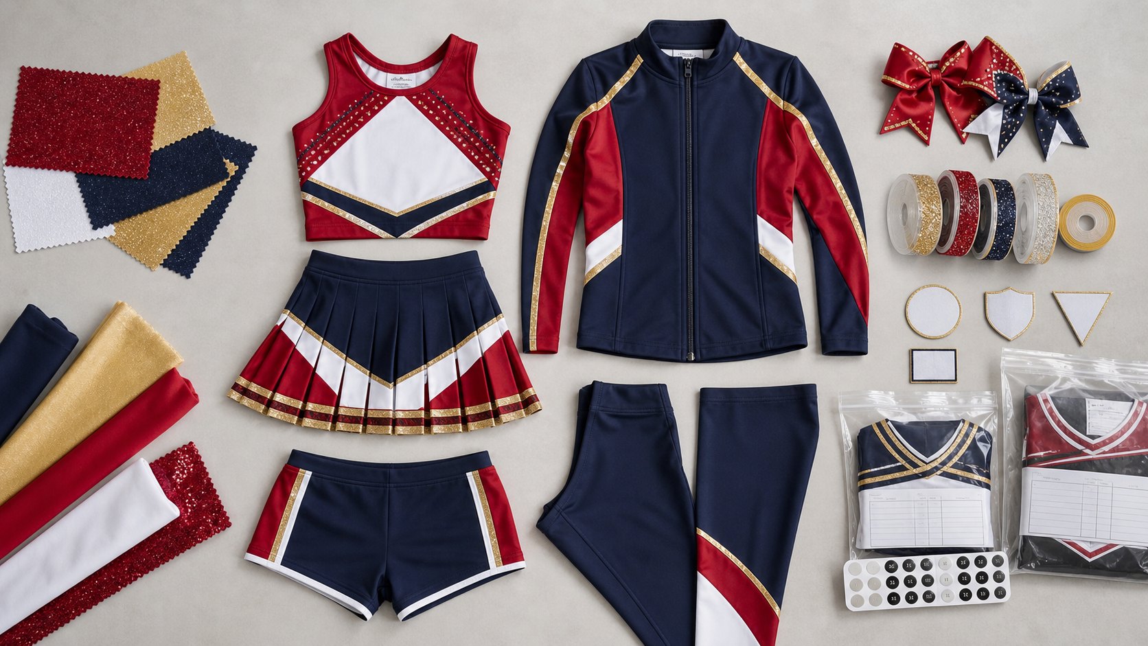Custom cheerleading uniform manufacturer catalog with cheer tops skirts fitted shorts leggings warm-up jackets youth sizes labels and packing