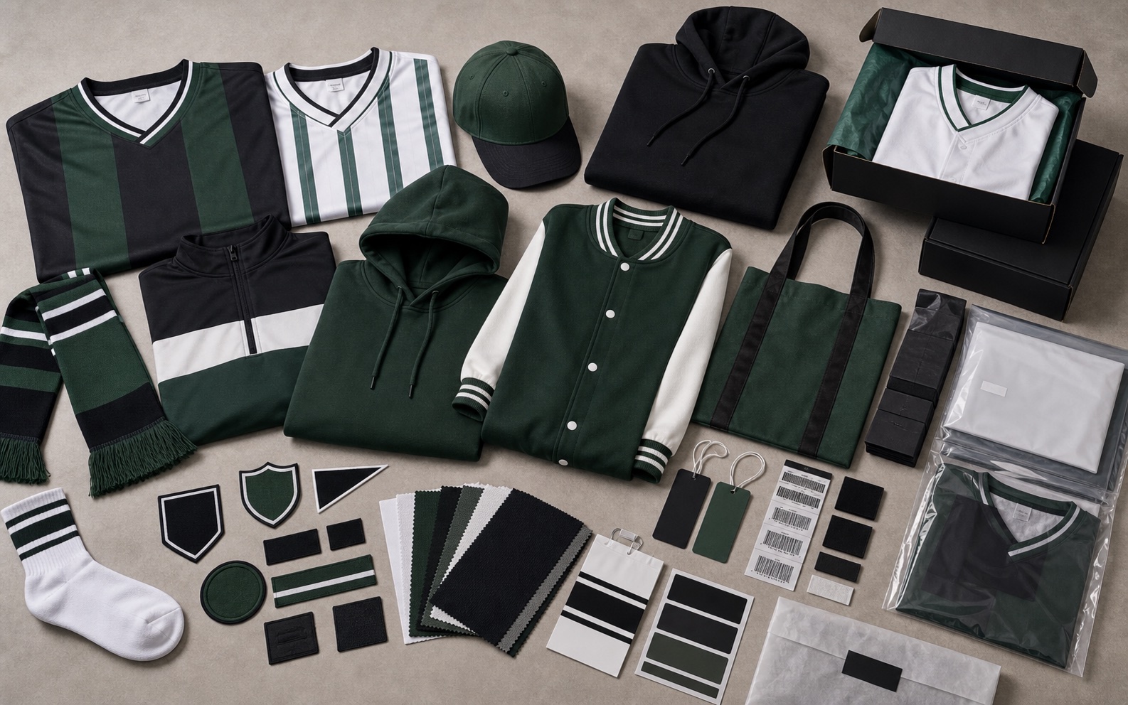 Gaming team jersey apparel range with jerseys hoodies caps scarves bags patches labels and packaging