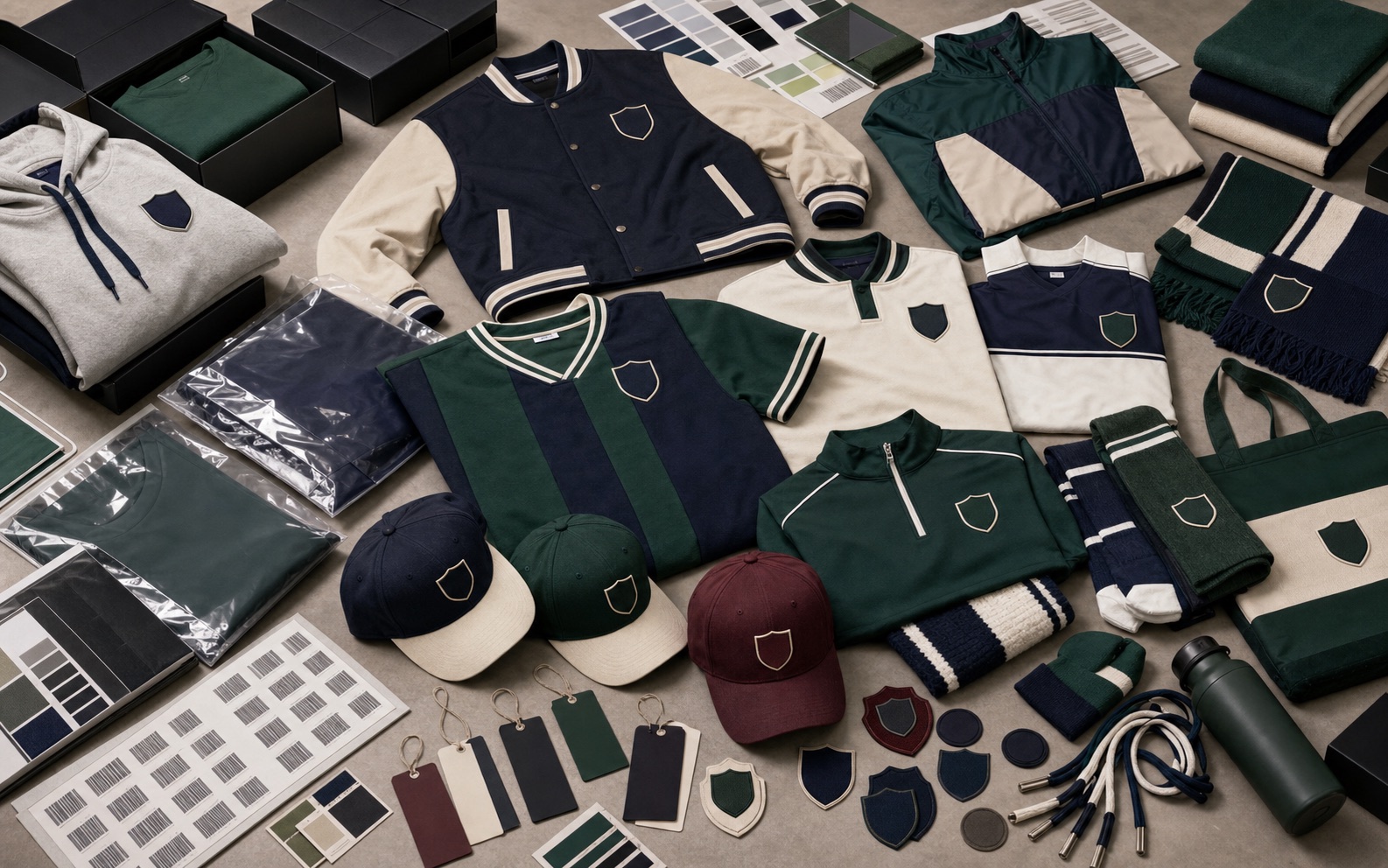 Custom club hoodies and varsity jackets manufacturer catalog with fleece hoodies varsity jackets patches embroidery labels and fan merchandise packaging