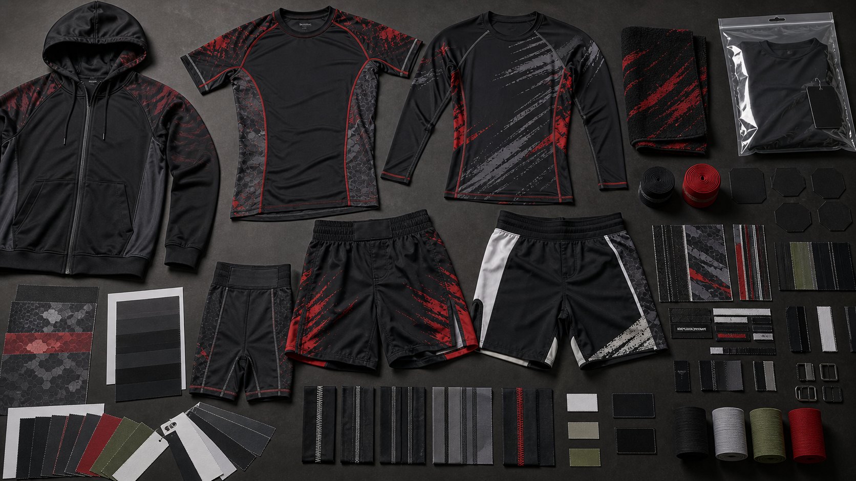 MMA rash guards fight shorts compression shorts gym hoodies wraps towels patches labels and packaging
