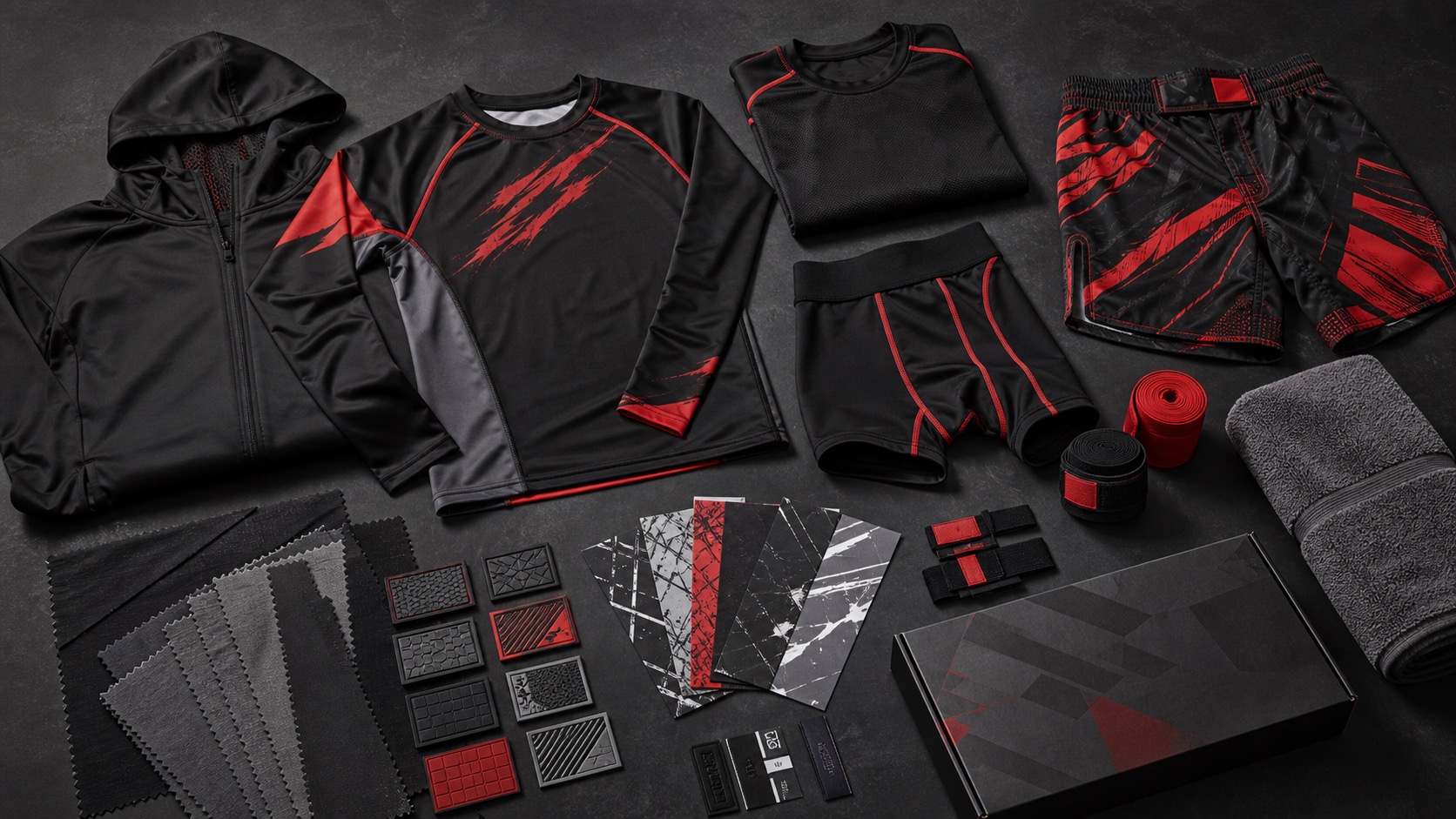 Custom combat sports apparel catalog with rash guards fight shorts compression shorts MMA tops and hand wraps