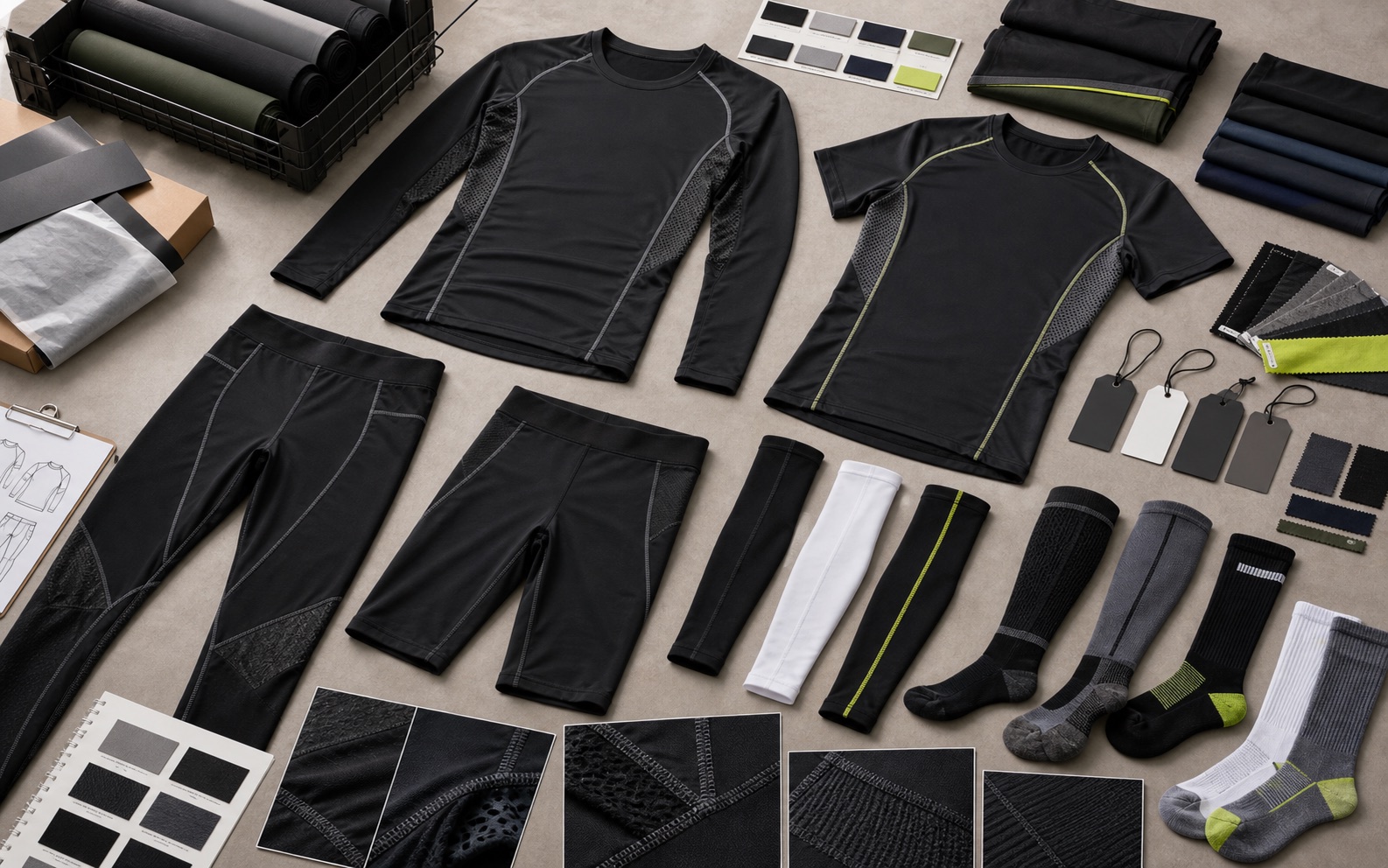 Compression base layer tops tights half tights sleeves socks mesh panels flatlock seams fabric swatches labels and packaging