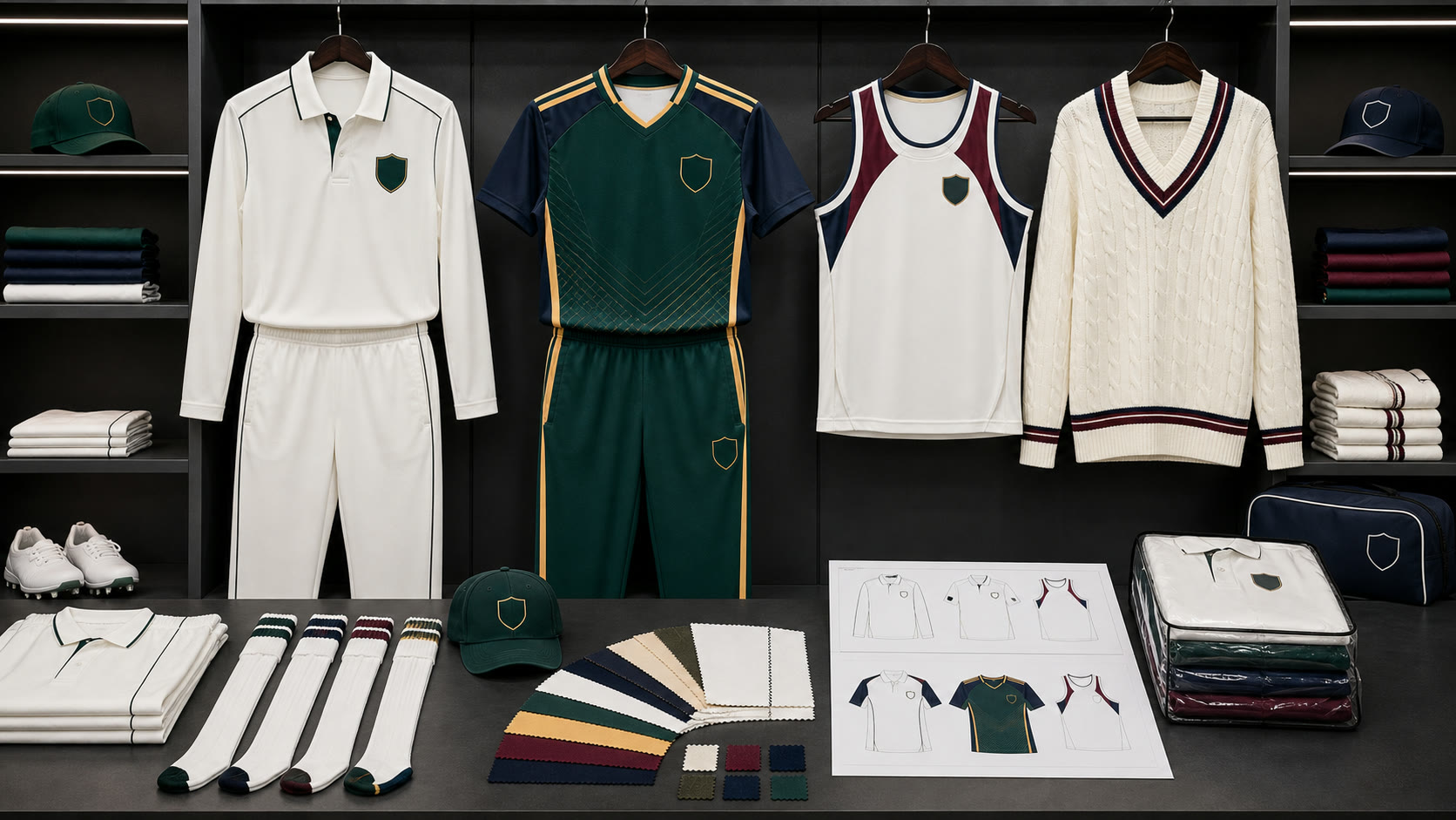 Cricket uniform board with white match kit, colored set, training vest, sweater, caps, socks, and team packing