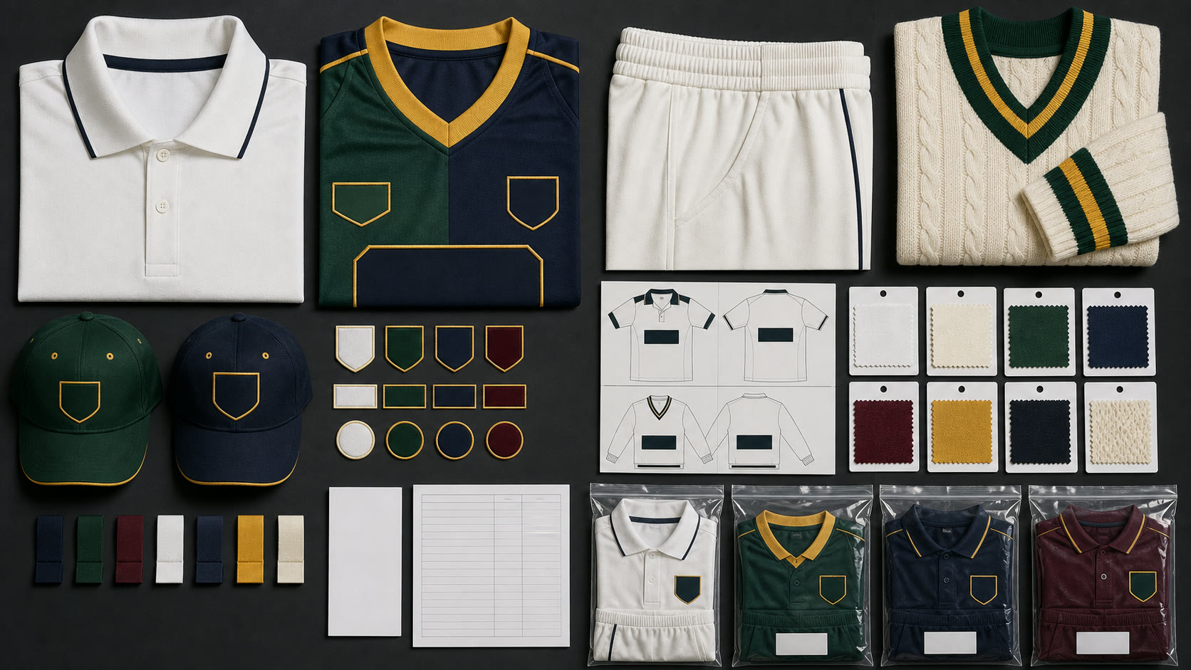 Cricket uniform specification board with shirt collars, trousers, sweater knit, caps, swatches, and player packs