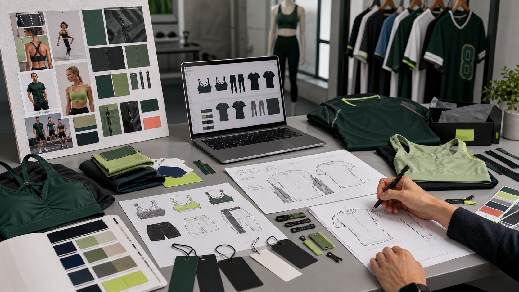 Custom sportswear design studio with sketches color cards and activewear samples