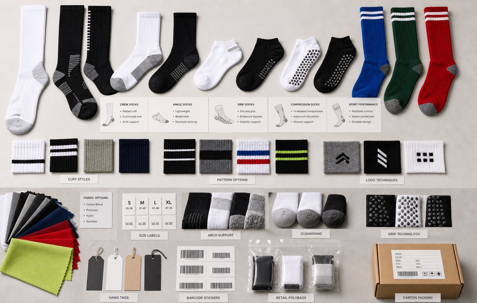 Custom sports socks manufacturer catalog with crew socks ankle socks grip socks compression socks football socks labels and packaging