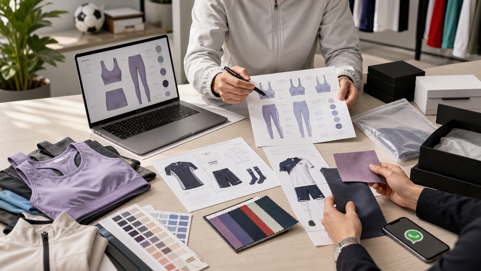 Custom sportswear consultation with product samples fabric swatches tech pack notes and packaging references