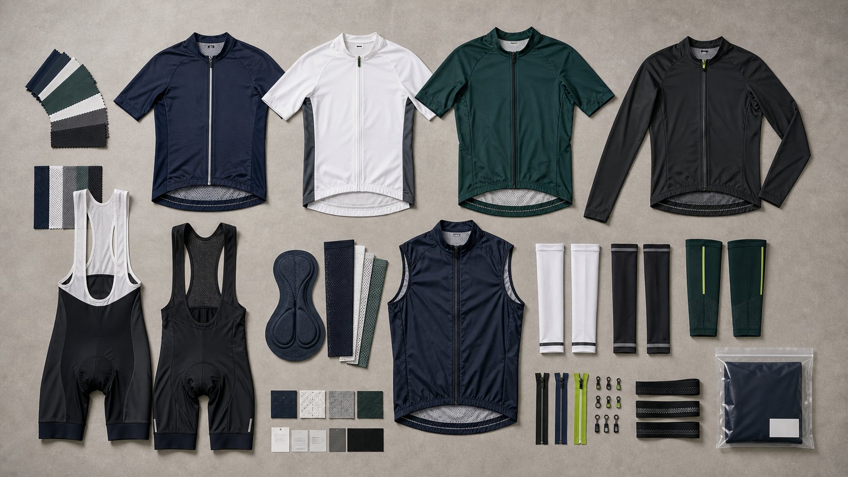 Cycling jerseys bib shorts wind vest arm sleeves chamois pads silicone grippers and packaging