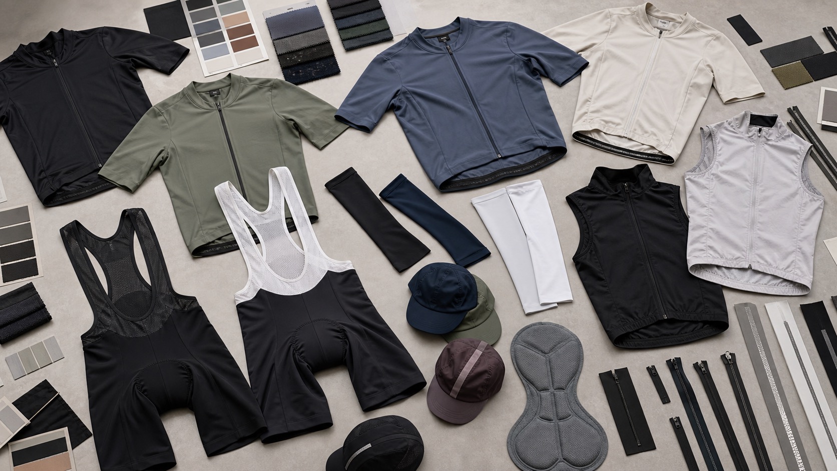 Custom cycling wear with jerseys bib shorts wind vests arm sleeves chamois samples and silicone gripper trims