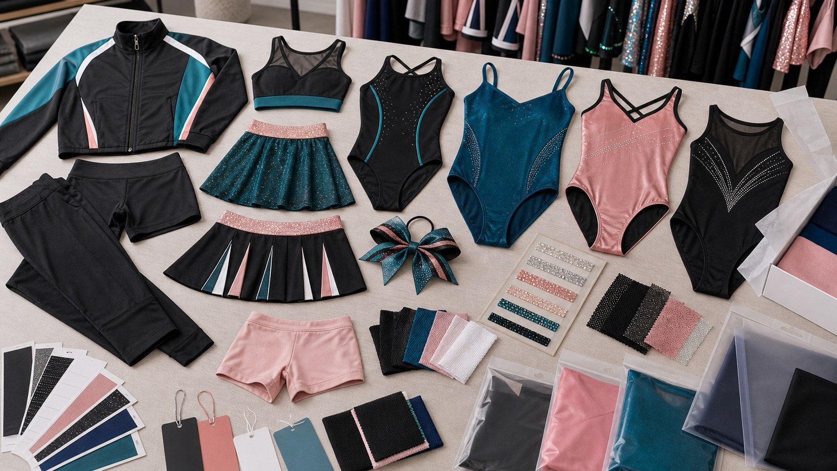 New custom cheerleading uniform capsule with cheer tops skirts fitted shorts leggings warm up jackets youth sizes and team packing