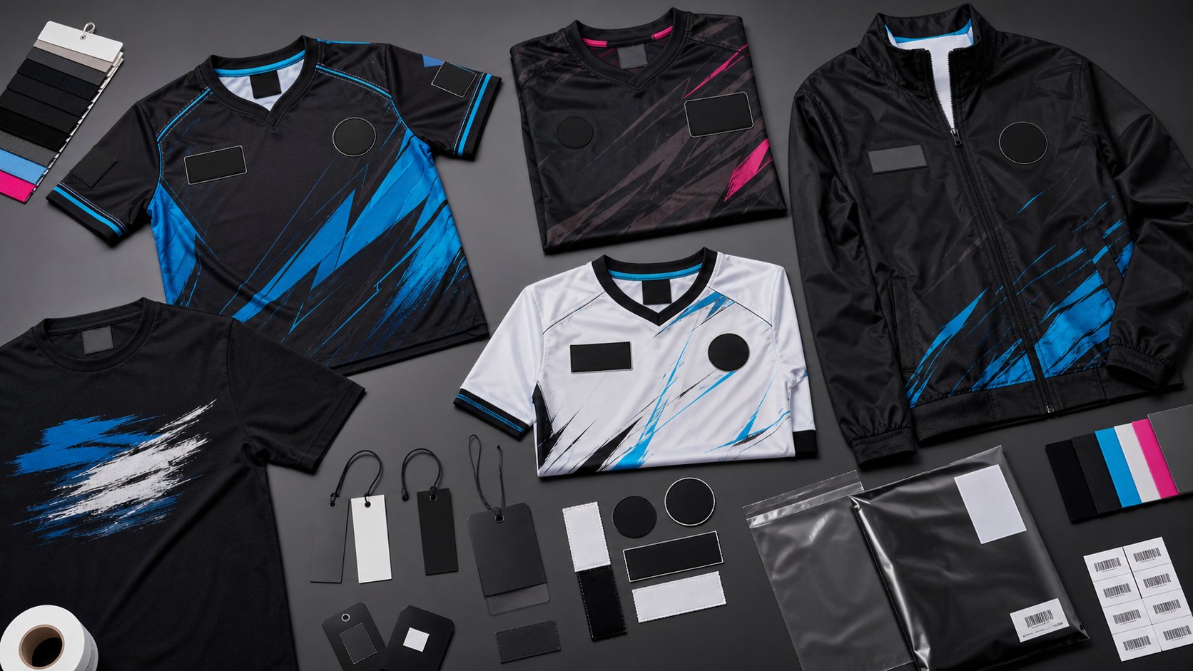 Custom esports jersey manufacturer catalog with gaming team jerseys fan shirts sponsor artwork player IDs labels and packaging