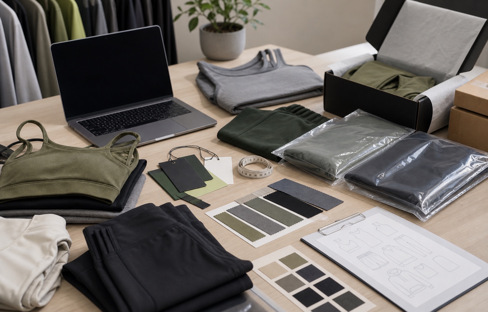 Custom sportswear buyer consultation desk with sample garments fabric swatches quote checklist labels and packaging references