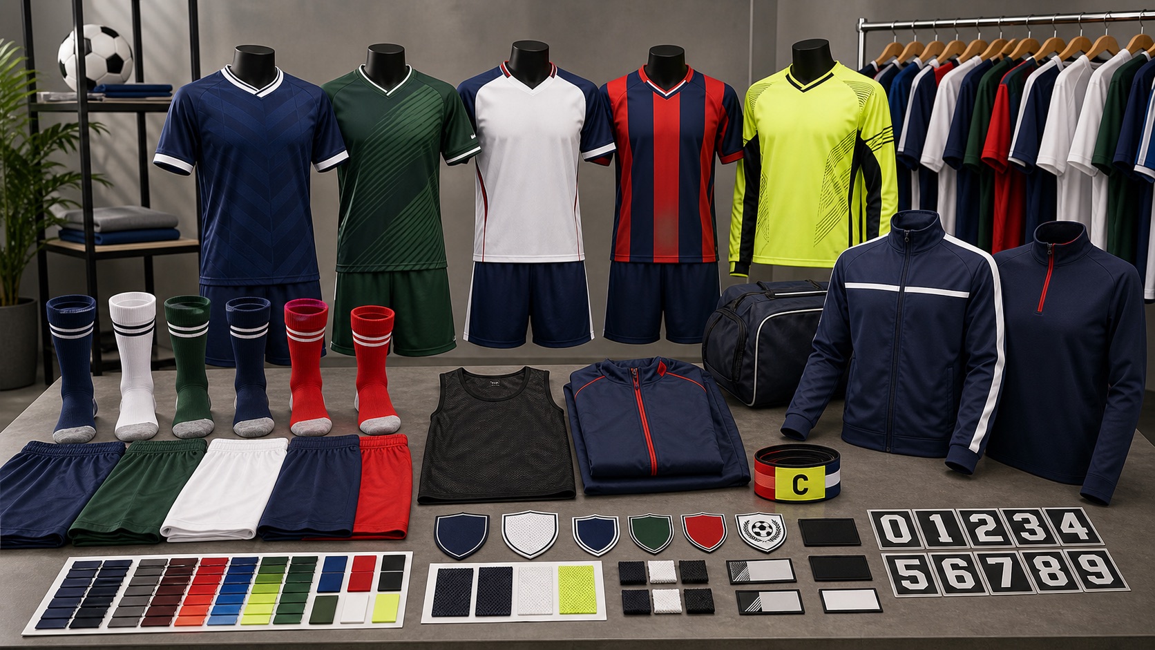 OEM ODM football club kit program with jerseys shorts socks goalkeeper kit patches and teamwear color cards