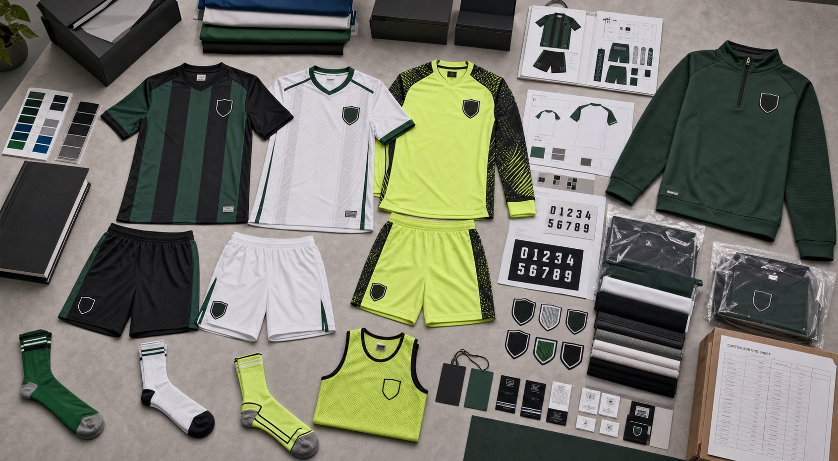 Custom football jersey manufacturer product board with home away goalkeeper jerseys shorts socks club crests sponsor sheets and packing