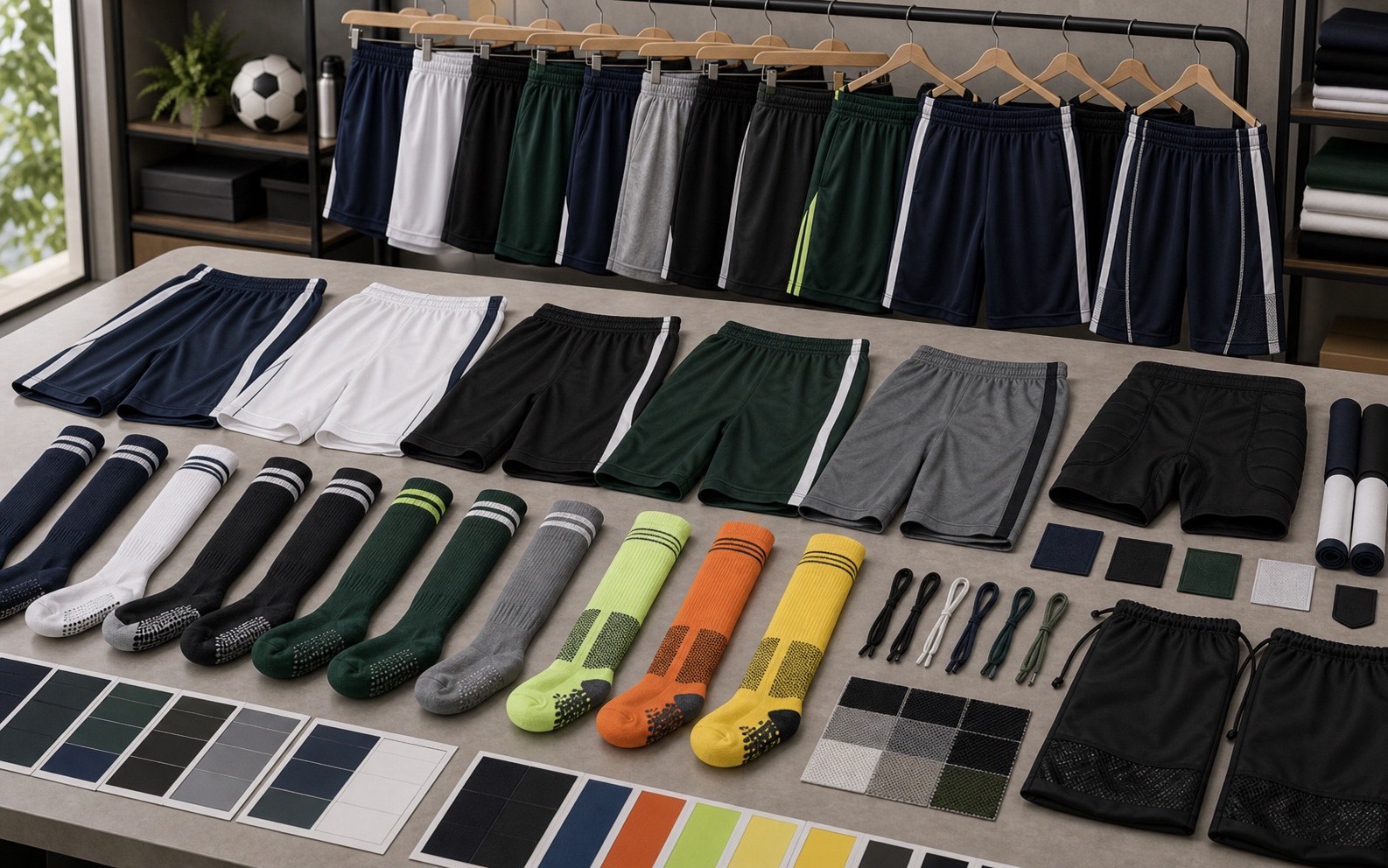 Custom soccer shorts socks compression undershorts waistbands mesh panels color cards labels and team packing