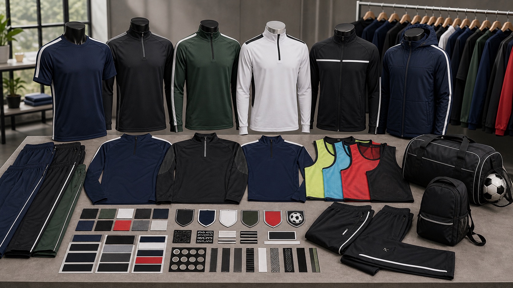 Football training tops goalkeeper jerseys tracksuit jackets club bags and private label teamwear swatches