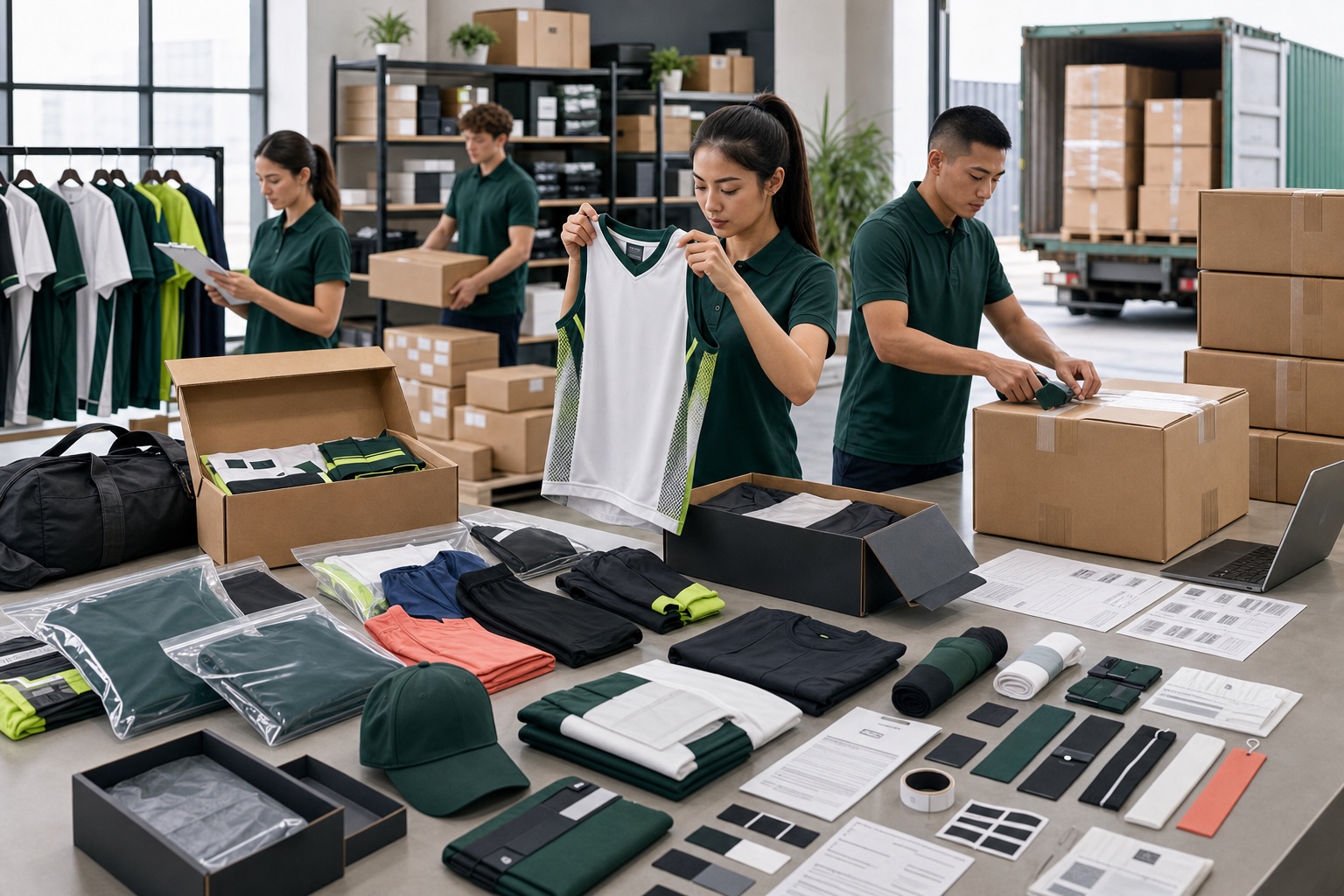 Global custom sportswear shipment preparation with cartons packing lists and branded packages