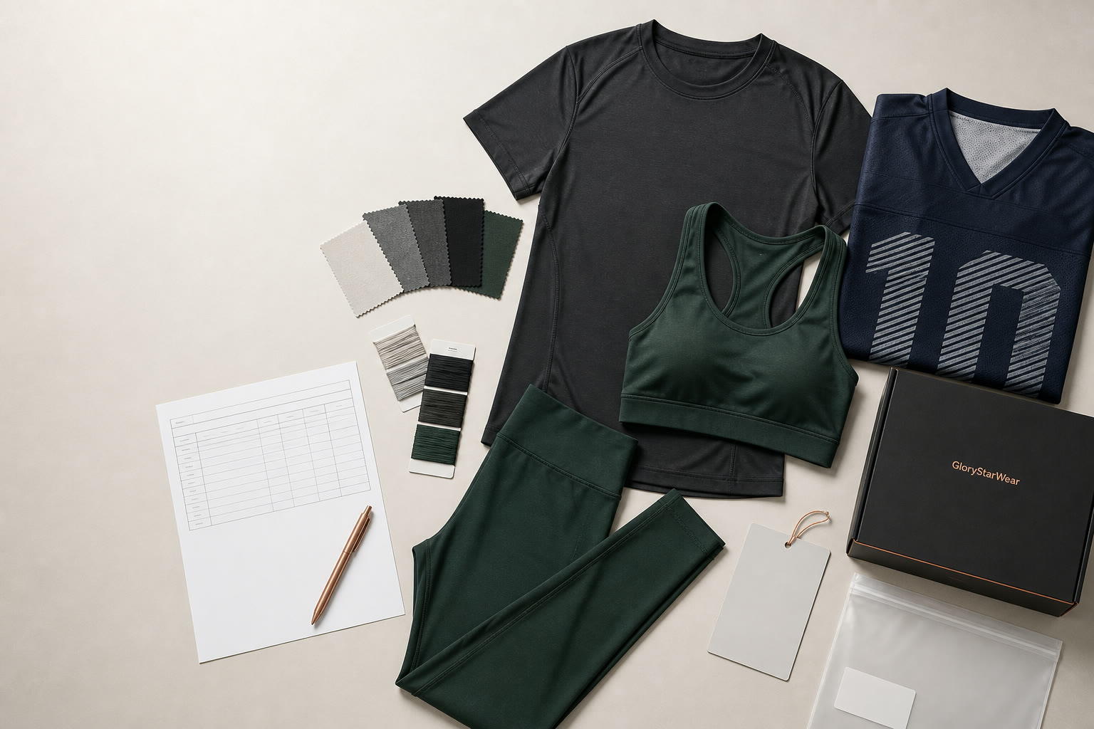Illustrative GloryStarWear product brief with apparel samples color cards fabric swatches and packaging references