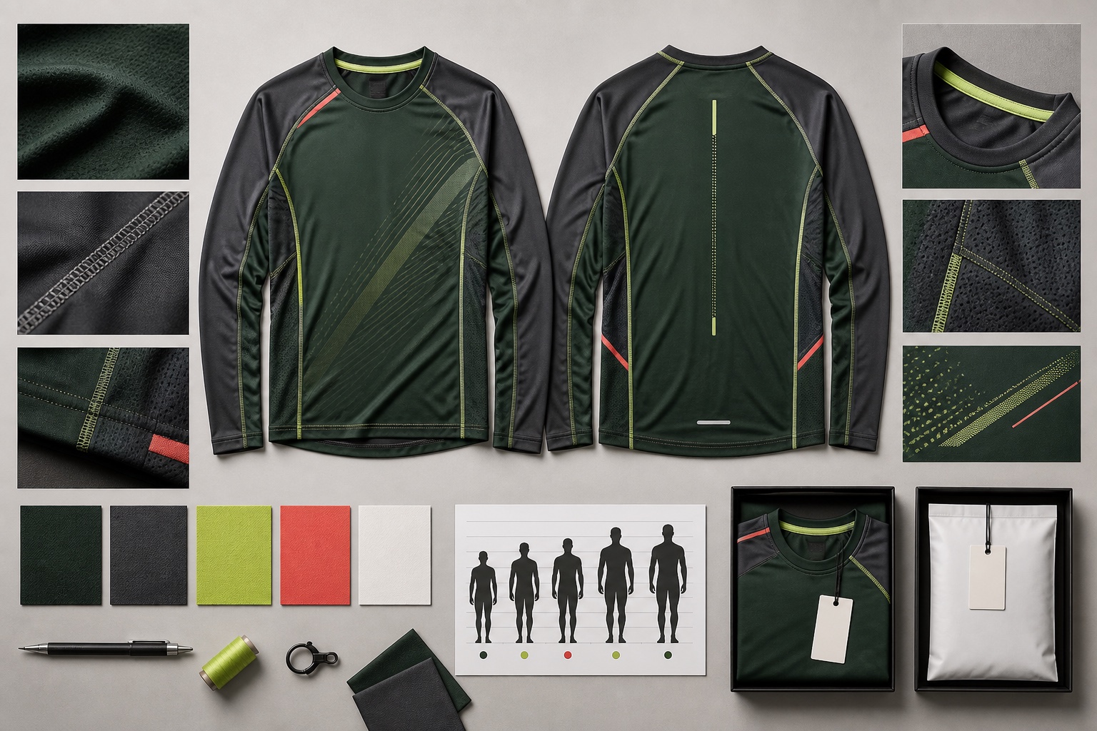 AI-generated illustrative sportswear product-development board with front and back garment views plus fabric texture stitching and print close-ups