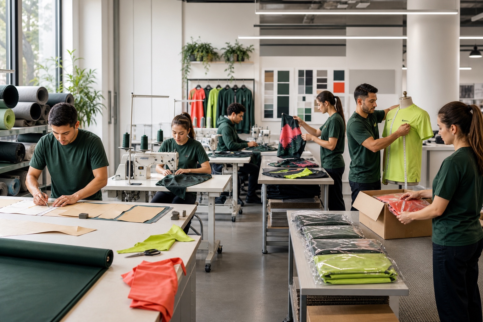 Illustrative staged sportswear workflow with pattern preparation sewing decoration quality checks and packing, not documentary factory evidence