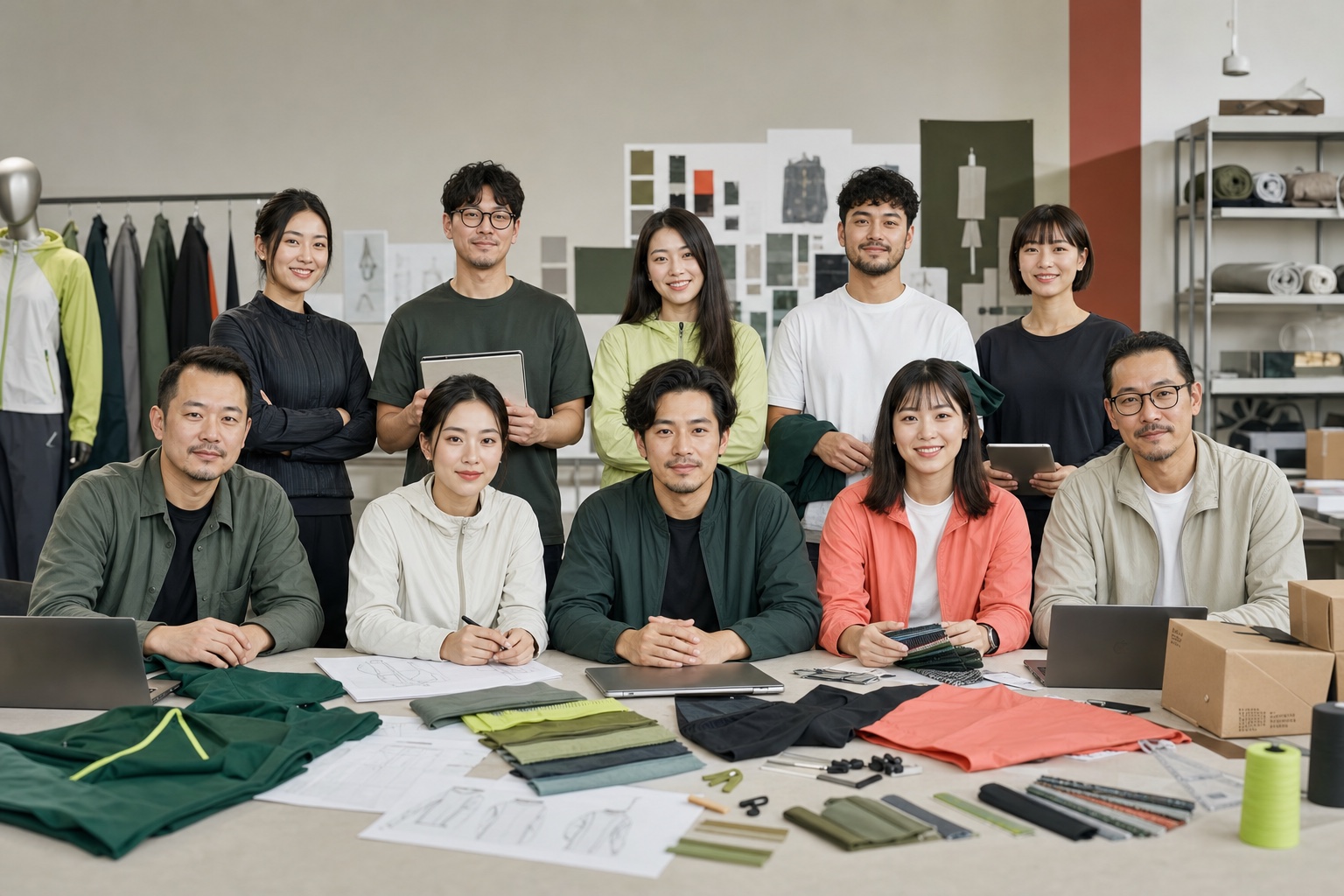 Illustrative ten-person sportswear project-support team concept, not a staff photograph or verified employee roster