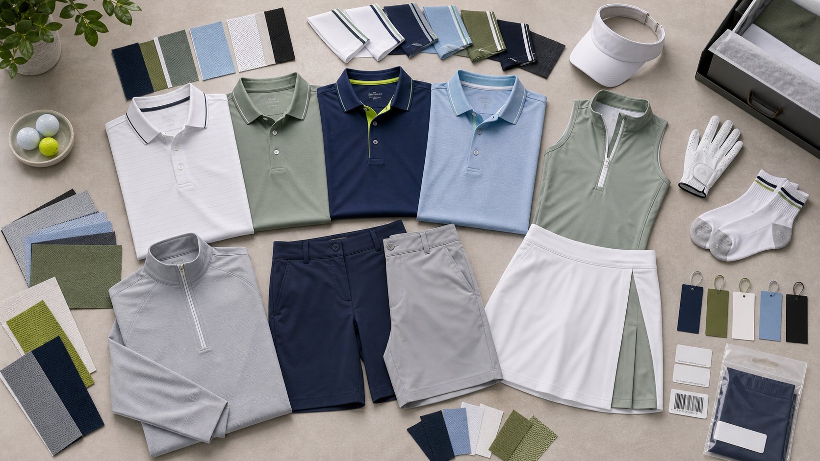 Golf polo shirts sleeveless tops skorts shorts quarter zips visors gloves labels and packaging