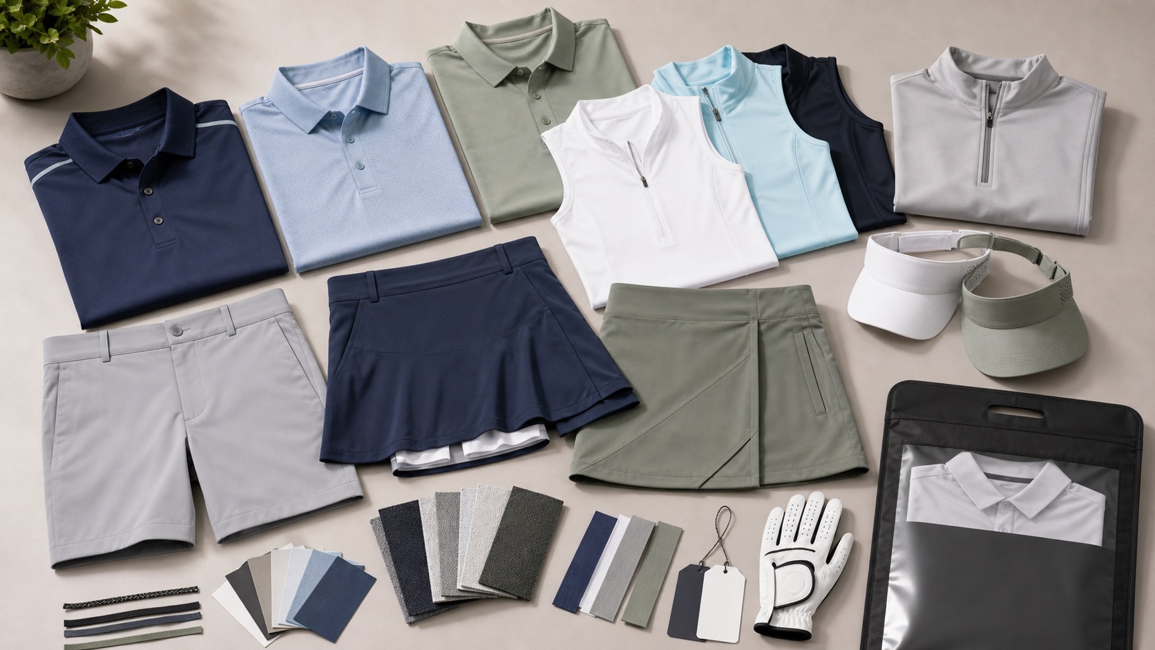 Custom golf apparel catalog with polo shirts skorts golf shorts quarter zips visors and gloves