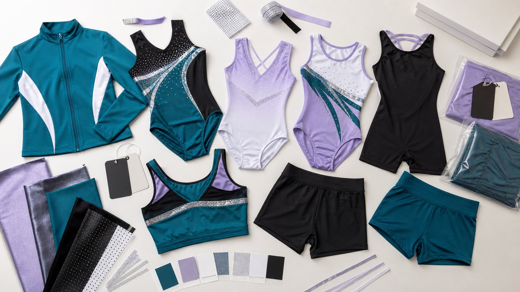 Custom gymnastics leotard manufacturer catalog with leotards biketards training tops shorts youth sizes sparkle trims labels and packaging