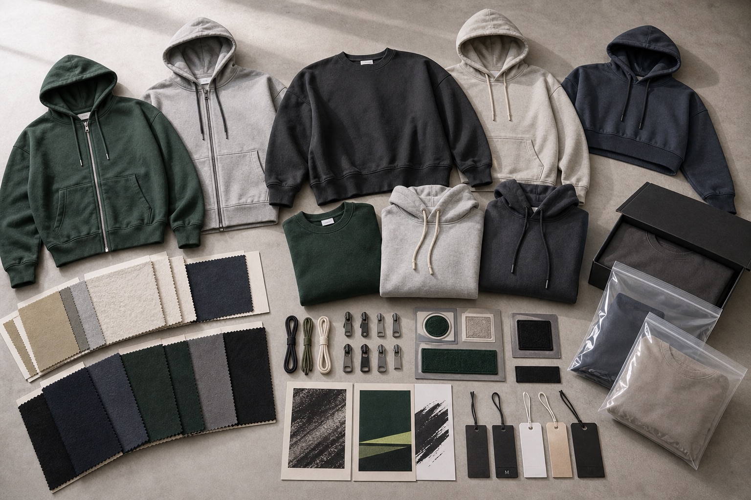 Custom hoodie and sweatshirt manufacturer catalog with pullover hoodies zip hoodies oversized sweatshirts fleece swatches trims labels and packaging
