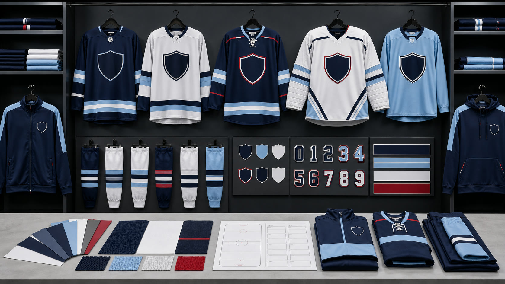 Ice hockey jersey board with skater, goalie and practice cuts, matching hockey socks, warm-up apparel, and artwork samples