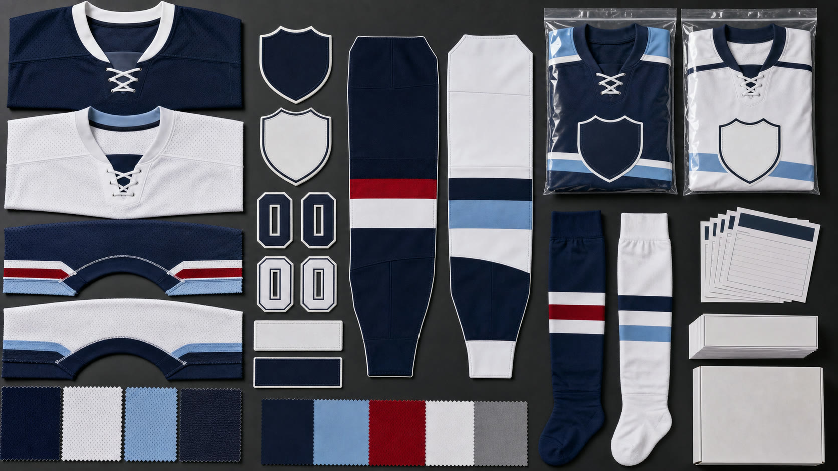 Ice hockey jersey specification board with collars, sleeve panels, crest shapes, number patches, socks, fabrics, and player packs