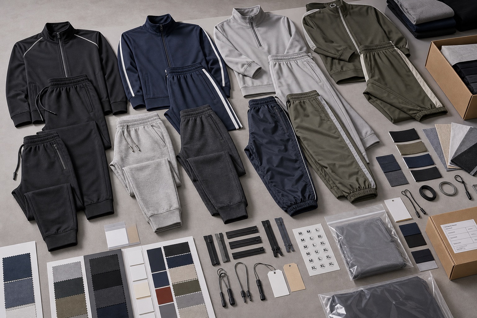 Custom joggers and tracksuits manufacturer catalog with joggers sweatpants track pants track jackets quarter zips trims labels and packaging