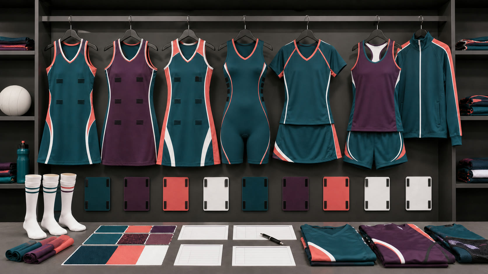 Netball uniform board with dresses, bodysuit, top and skort, shorts, position panels, socks, and team packing