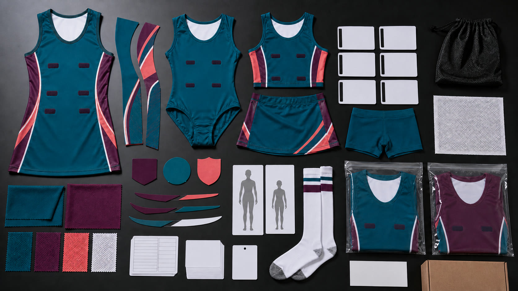 Netball uniform specification board with dress panels, bodysuit, skort, position attachments, swatches, and player packs