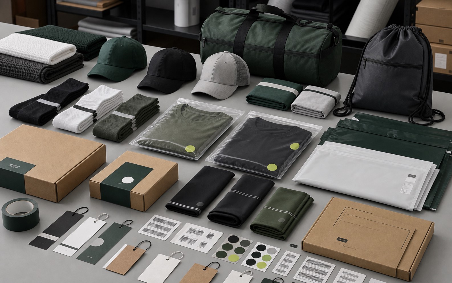 New sports accessories and packaging capsule with socks caps bags towels polybags boxes hangtags and barcode labels