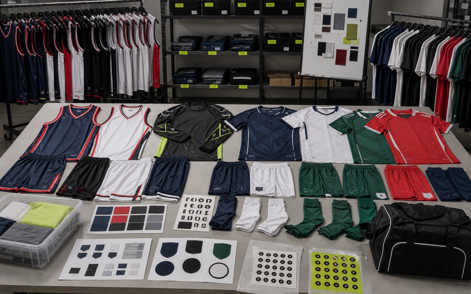 New custom basketball and football teamwear development capsule with jerseys shorts socks patches and team packing
